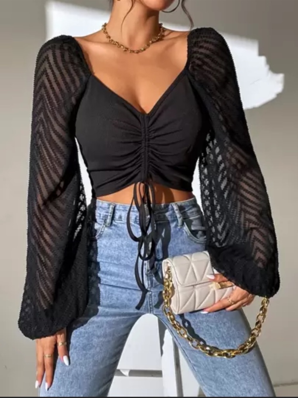 Black Long-Sleeve Sheer Puff Sleeve Ruched Top